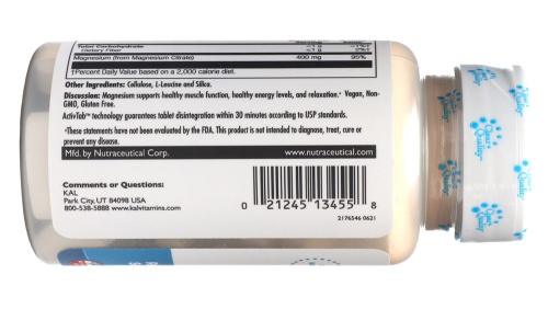 Magnesium Citrate 400 мг (Цитрат магния) 60 таблеток (KAL) фото 3 Magnesium Citrate 400 мг (Цитрат магния) 60 таблеток (KAL) фото 3