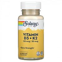 Vitamin D3 + K2 (MK-7) 125 mcg / 50 mcg (Витамин Д3 5000 МЕ + К2) 60 вег капс (Solaray)_
