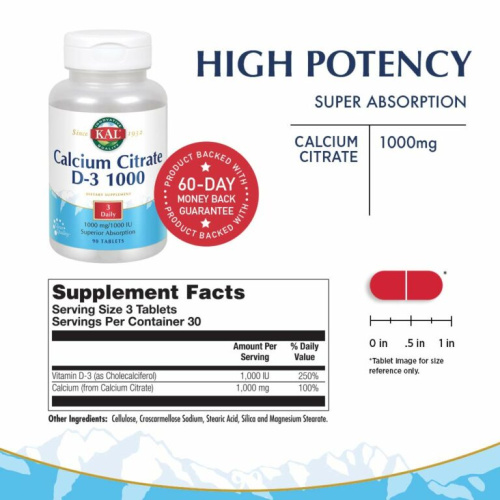 Calcium Citrate D-3 1000 мг 90 таблеток (KAL) фото 3