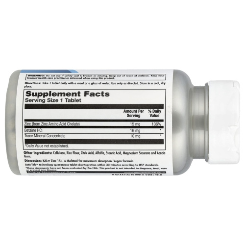 Zinc 15+ Chelated (Хелатный Цинк с гидрохлоридом бетаина и микроэлементами) 100 таблеток (KAL) фото 2